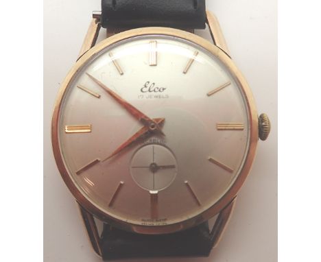 Elco Swiss 9ct gold gents wristwatch on leather strap, 8g gold CONDITION REPORT: This item is working at lotting.