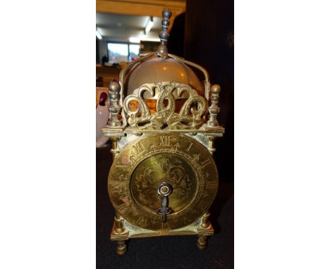 Smiths mechanical brass lantern clock, H: 17 cm