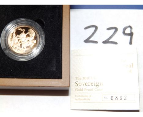 A 2010 proof gold sovereign in case with certificate.