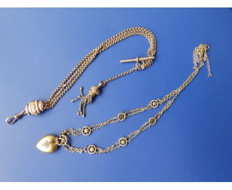 A Victorian multi-coloured gold lady's watch chain and a heart pendant on pearl set chain.