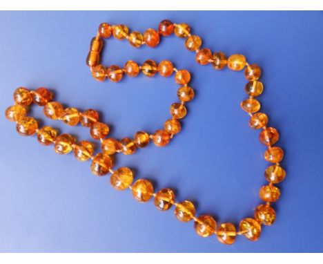 A certified amber necklace comprising  51 heat treated beads of transparent orange/brown colour in round to button shape, the