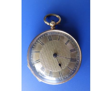 A 19thC 18ct gold open-faced key-winding pocket watch, 1.3” diameter.