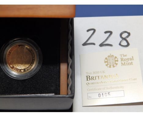 A 2010 proof gold Britannia quarter ounce £25 coin in case with certificate.