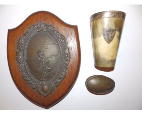 A Regency oval brass snuff box – 'Samuel Winchester, Kings Head Inn, Borough Bridge 1803', a silver mounted horn beaker and a