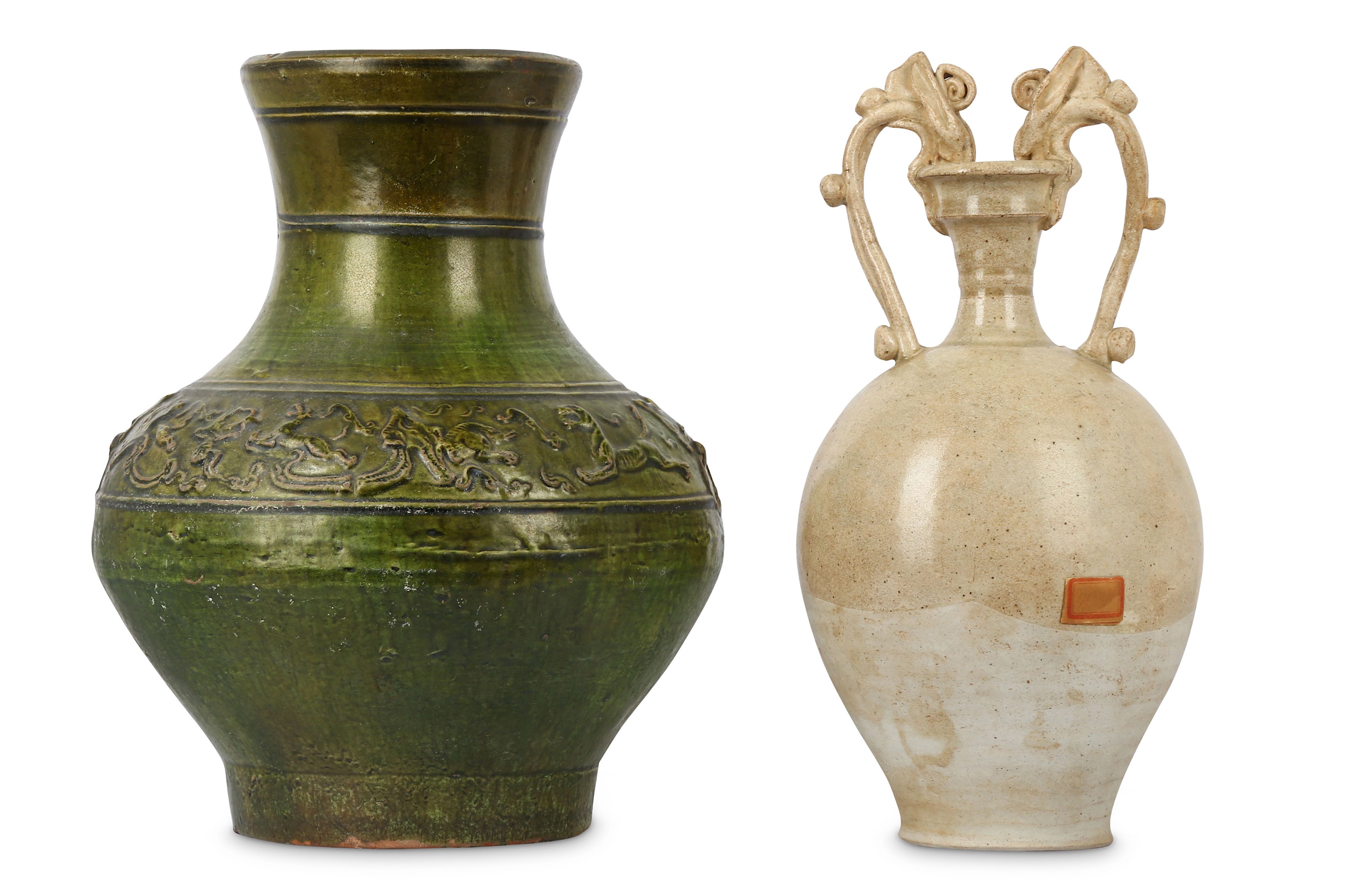A CHINESE AMPHORA AND A GREENGLAZED VASE. Han Dynasty. The amphora