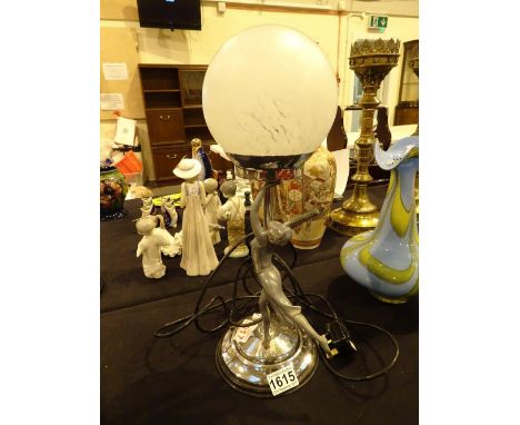 Original Art Deco dancing lady table lamp with glass dome shade CONDITION REPORT: Gilding rubbed.