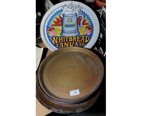 Selection of brass, copper and enamel advertising trays including Mitchell's & Butlers, Teacher Highland Cream, Whitbread, Ne