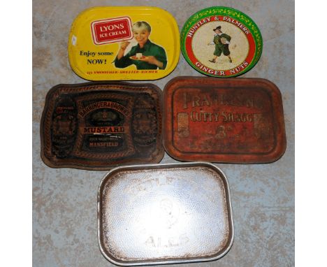 Five enamel advertising trays 'Huntley And Palmers Ginger Nuts', 'Lyon's Ice cream', 'Barringer & Brown's Mustard', 'Franklyn