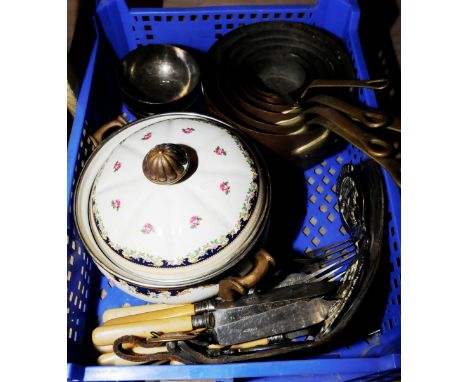 Set of six graduating brass and copper saucepans, fish knives and forks, Asta enamel casserole dish etc.