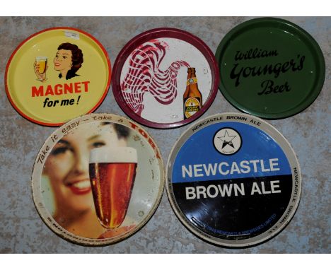 Five enamel advertising trays 'Magnet', 'Double Diamond', 'Wm Youngers Beer', 'Newcastle Brown Ale' and 'Carrington's'