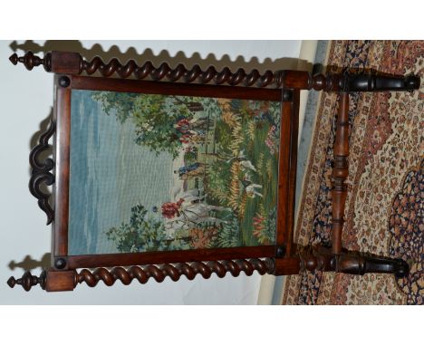Victorian rosewood framed wool work fire screen, the panel depicting hunting scene on barley twist columns and turned under s
