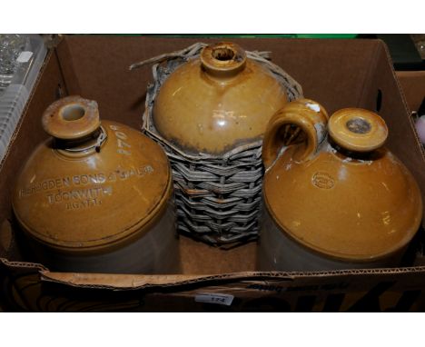 Three Stoneware flagons 'R Brogden Sons & Co, Ltd Tockwith', 'Whittington Moor Chesterfield', large enamel kettle, bellows et