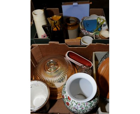 Two boxes of decorative ceramics including Past Times vase, cheese dish and stand, Radford jug, Coalport trinket pot etc 