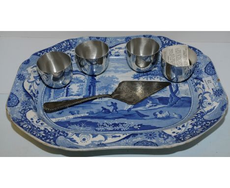 Set of four reproduction 'The Authentic Jefferson Cup', large blue and white meat plate and silver plated cake slice