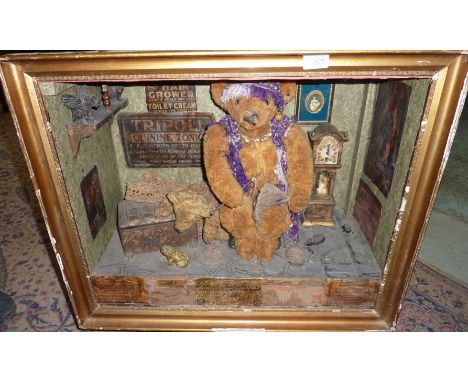 Cased automaton display of teddy bears mounted on turned supports  