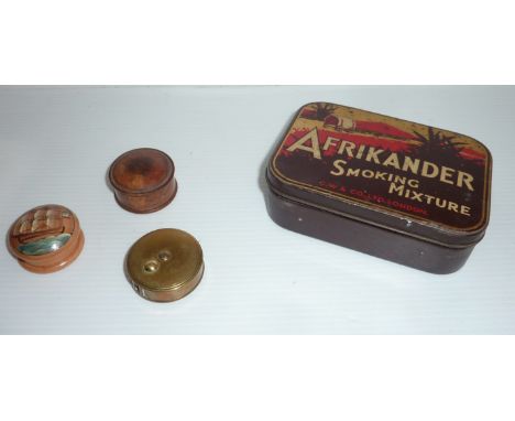 Old tobacco tin with turned tureen snuff box, brass Chesterman of Sheffield measure(A/F) etc