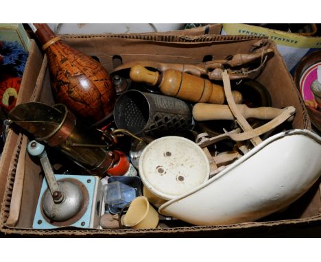 Box of assorted collectable's including scales, wood carvings, copper measures etc 