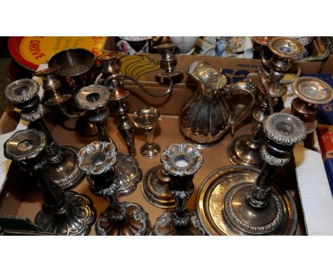 Selection of silver plated candlesticks, goblet, water jug etc 