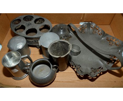 Craftsman pewter basket, a pewter cruet, hammer pewter twin handled bowl, tankards etc 
