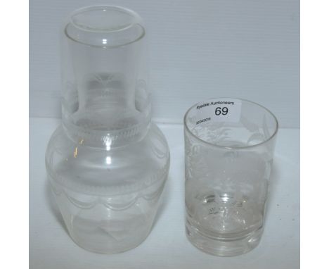 19th C beaker with wheel engraving dated 1882 and decanter and glass with etched glass decoration 