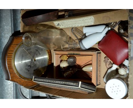 Small carved box containing hat pins, St. Cuthberts milk bottle, pipes, Bakelite ashtray, barometer etc.