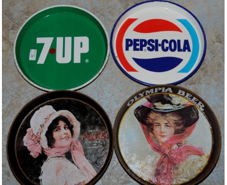 Four enamel advertising trays 'Coco Cola', 'Olympia Beer', '7-Up' & 'Pepsi Cola'