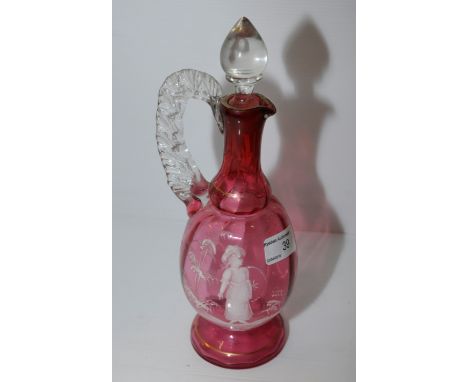 Mary Gregory cranberry claret jug with hand painted enamel decoration depicting young girl 