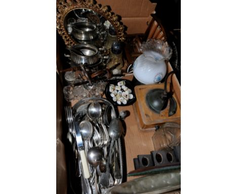Selection of silver plated cutlery, sugar bowls, small gilt oval mirror, thimble stands, trinket pot with silver lid etc