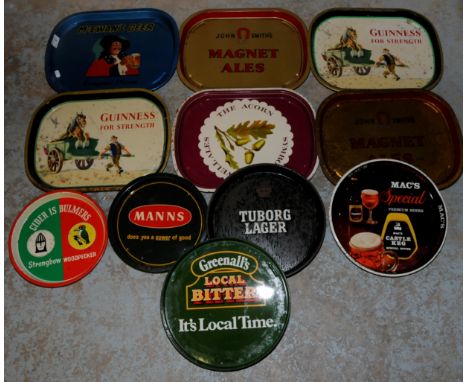 Eleven enamel advertising trays 'Bulmers', 'Manns', Tuborg Lager', 'Mac's', 'Greenall's', McEwans Beer', 2 x John Smiths Magn