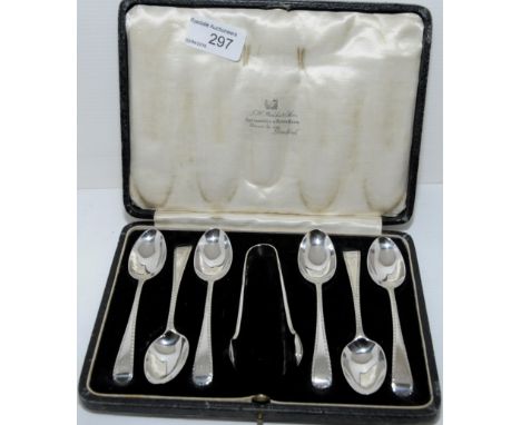 Cased set of six London silver hallmarked teaspoons and sugar tongs 