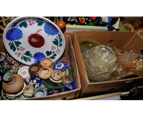 Two boxes of ceramics and glass including fruit dishes, a Doulton Lambeth twin handled pot with relief moulded decoration and