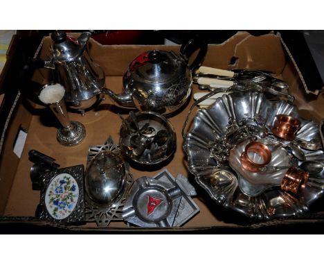 Selection of silver plate including tea pot, water jug, basket, souvenir spoons, knife rest, cutlery etc