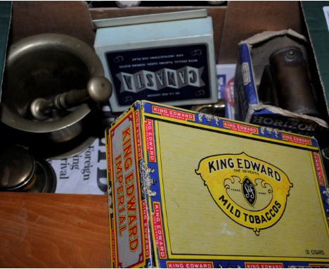 Brass beer tap, brass pestal & mortar, carved wood box, playing cards, a Crescent Toys Horizontal steam engine No.1 etc