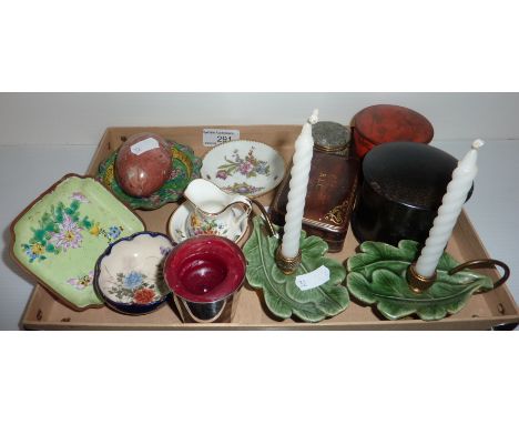 Small Meissen pin dish, papier mache pots, pair of leaf candlesticks, miniature playing cards, copper painted pin dish etc.