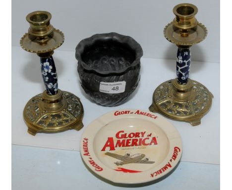 Pair of Edwardian brass and ceramic candlesticks, small pewter tankard and small enamel 'Glory Of America' advertising ashtra