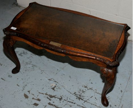 Burr walnut rectangular coffee table with glass insert top and silver presentation plaque  