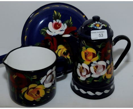 Three pieces of painted enamel barge ware