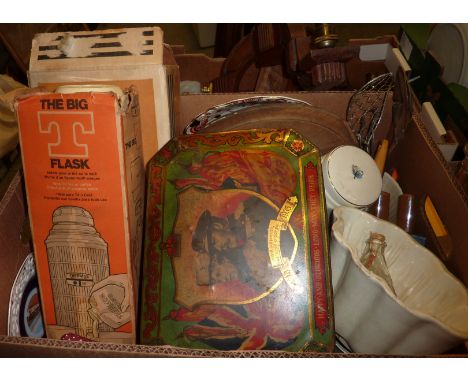 Box of kitchenalia including stoneware jelly moulds, Ayrtons baby's first bottle, Thermos, the Big T flask in original box, P