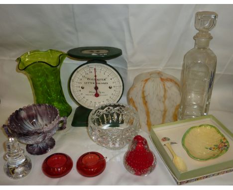 Opaque glass lamp shade, weigh master letter balance scale, two small cranberry salts with a glass teaspoon, Schweppes decant