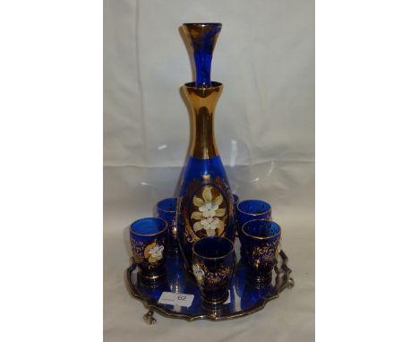 Venetian glass decanter and six matching glasses with gilt and enamel decoration on silver plated salver 