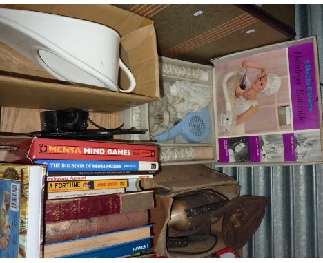 Slipper bed pan, box of assorted books including 'Mensa' and ' English History of the War', a hoover dutette, a Murphey Richa