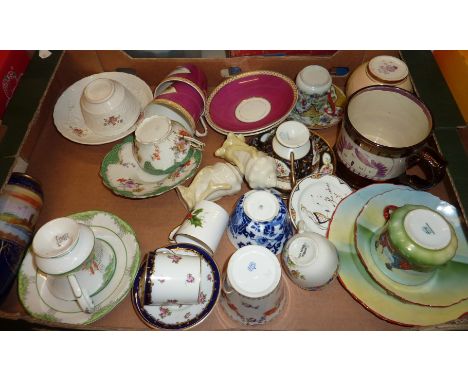 Selection of 19th C tea cups and saucers, a copper lustre mug, a Royal Worcester posy vase etc