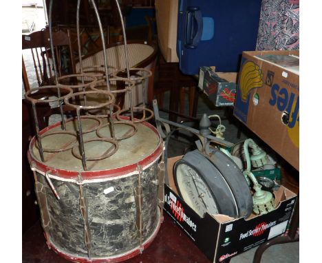 Drum, wine bottle carrier, Paddington Station London clock, three branch light fitting etc