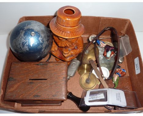 Wooden money box, postage stamp stamp, character jug, a globe, sunglasses, clock pendulums etc 