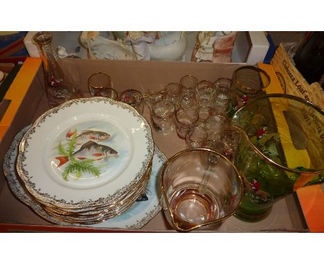 Ten fish plates and a selection of shot glasses, decanters etc with hunting motif 