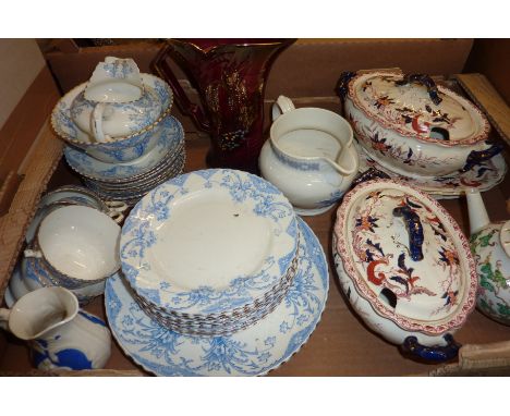 Part blue and white tea service, lidded tureens and stands, Royal Bradwell 'Sylvan' decorative jug etc