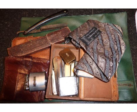 Collection of pocket knives, wallet, cut throat razors, Liberty silk tie etc 