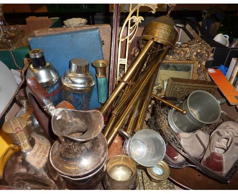 Two dimple scotch whisky decanters, brass wind chime, candlesticks etc 