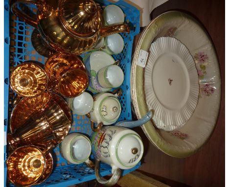 Oriental tea service, gold coloured tea service, two wash bowls and a set of six Coalport dinner plates with frilled rim & go