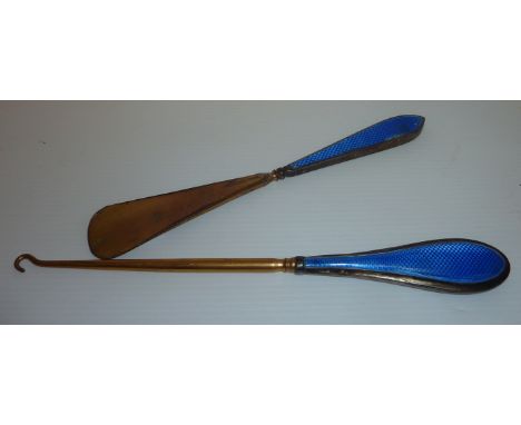 Button hook and shoe horn with guilloche enamel decoration to handles 